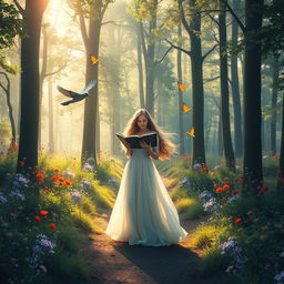 An enchanting scene depicting a serene and lush forest at dawn, where colorful wildflowers bloom amidst tall, ethereal trees