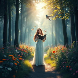 An enchanting scene depicting a serene and lush forest at dawn, where colorful wildflowers bloom amidst tall, ethereal trees