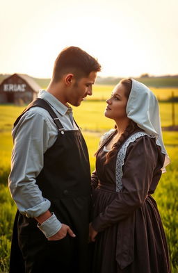 A romantic scene depicting a young Amish girl in a traditional Amish dress, feeling a deep affection for an outsider