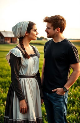 A romantic scene depicting a young Amish girl in a traditional Amish dress, feeling a deep affection for an outsider