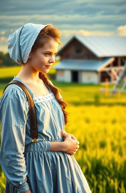 A romantic scene depicting a young Amish girl in a traditional Amish dress, feeling a deep affection for an outsider