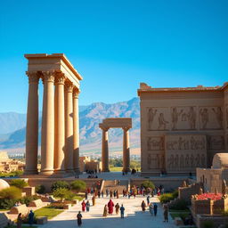A stunning and historic representation of Persepolis (Takhte Jamshid) as it appeared 2500 years ago, showcasing the grand architecture and intricate carvings of the ancient Persian empire