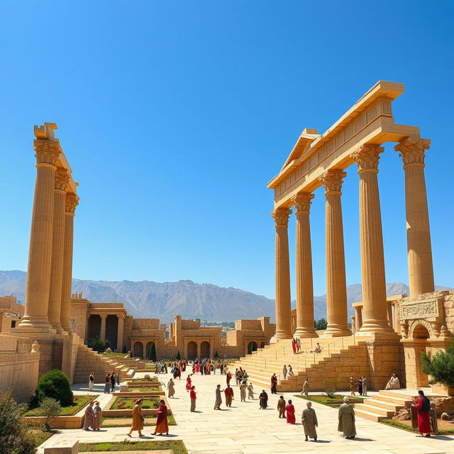 A stunning and historic representation of Persepolis (Takhte Jamshid) as it appeared 2500 years ago, showcasing the grand architecture and intricate carvings of the ancient Persian empire