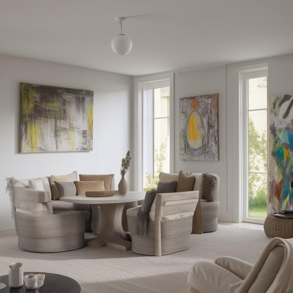 Depict a 7.50m x 4.00m home living room reception filled with modern, warm and cozy grey and off-white furniture including couches and cozy chairs. A dining table is present, accompanied by large, eccentric paintings. The room has one window and is encased within three walls.