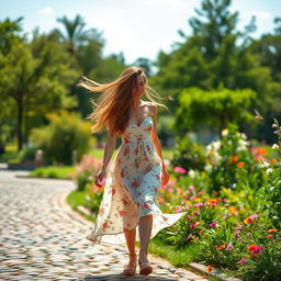A beautiful woman walking gracefully in a sunlit park, wearing a flowing summer dress with floral patterns