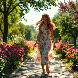 A beautiful woman walking gracefully in a sunlit park, wearing a flowing summer dress with floral patterns