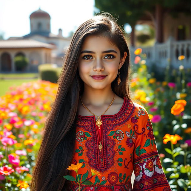 A beautiful Tabrizi girl with long, flowing dark hair and striking brown eyes, wearing a traditional colorful Iranian dress adorned with intricate patterns