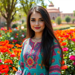 A beautiful Tabrizi girl with long, flowing dark hair and striking brown eyes, wearing a traditional colorful Iranian dress adorned with intricate patterns