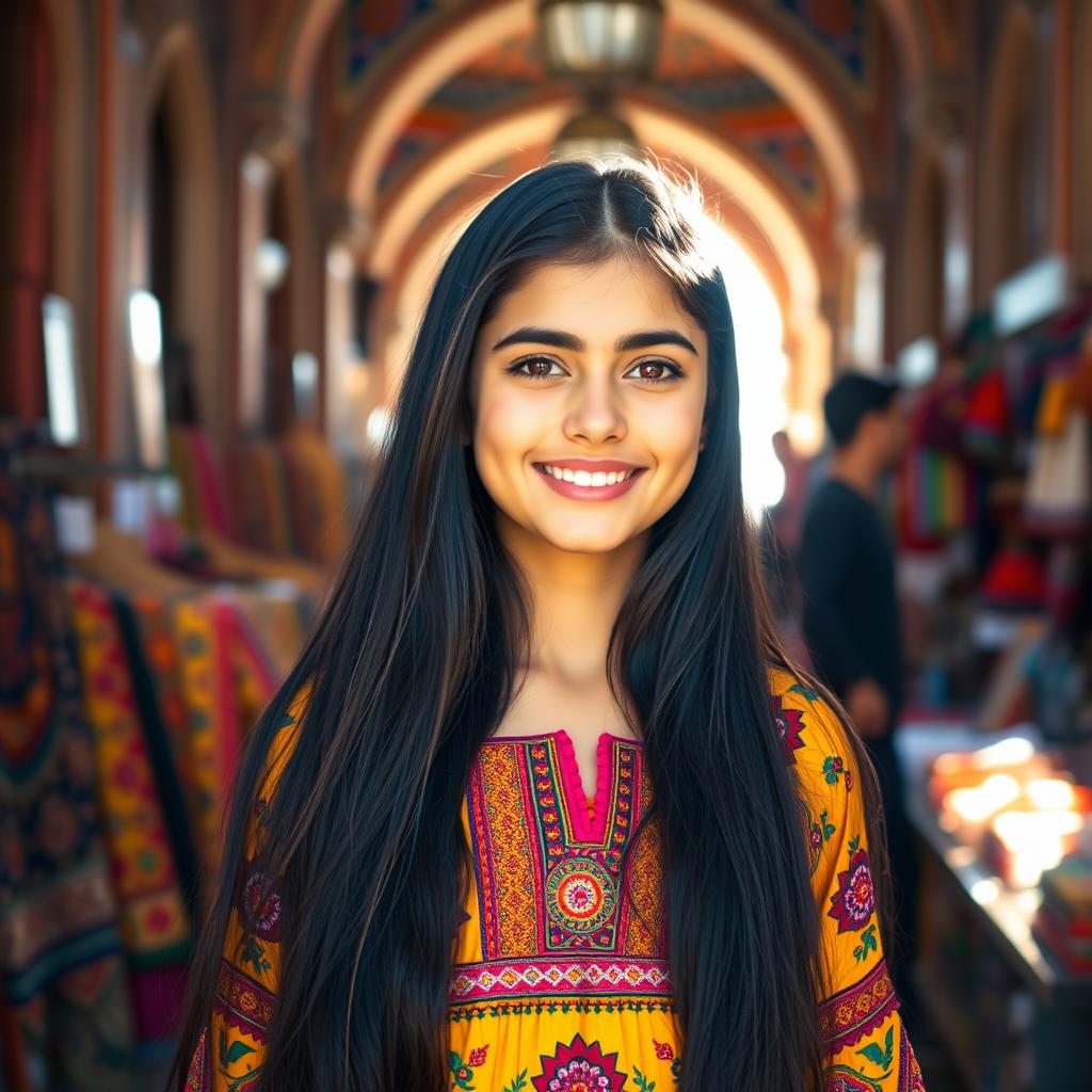 A beautiful Tabrizi girl with long, flowing black hair, wearing a vibrant traditional Iranian dress