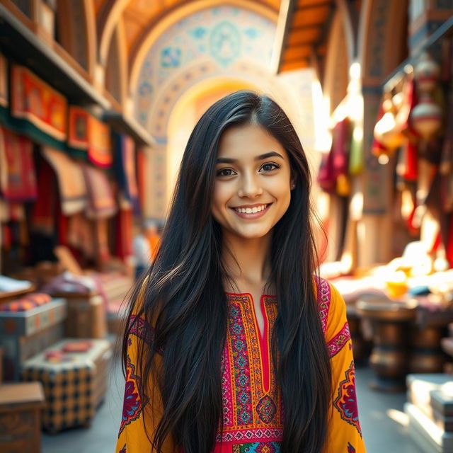 A beautiful Tabrizi girl with long, flowing black hair, wearing a vibrant traditional Iranian dress