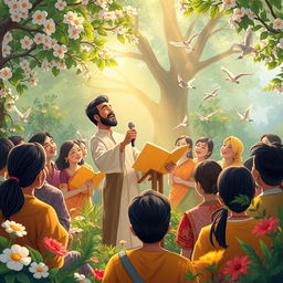 A beautiful illustration of a poet passionately reciting a poem, surrounded by an audience captivated by his words