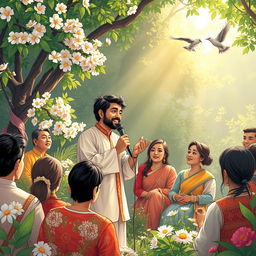A beautiful illustration of a poet passionately reciting a poem, surrounded by an audience captivated by his words