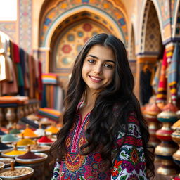 A beautiful Tabrizi girl with long, wavy black hair, wearing a colorful traditional Iranian dress adorned with intricate patterns