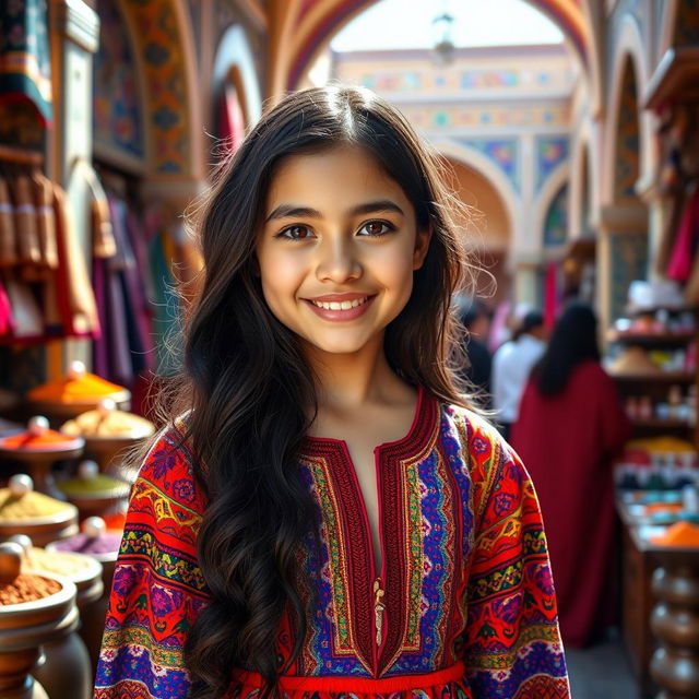 A beautiful Tabrizi girl with long, wavy black hair, wearing a colorful traditional Iranian dress adorned with intricate patterns