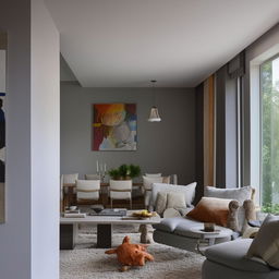 Depict a 7.50m x 4.00m home living room reception filled with modern, warm and cozy grey and off-white furniture including couches and cozy chairs. A dining table is present, accompanied by large, eccentric paintings. The room has one window and is encased within three walls.