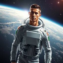 A futuristic depiction of Cristiano Ronaldo as a skilled astronaut, wearing a sleek and modern space suit with his name emblazoned on the side