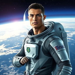 A futuristic depiction of Cristiano Ronaldo as a skilled astronaut, wearing a sleek and modern space suit with his name emblazoned on the side
