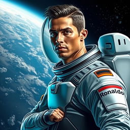 A futuristic depiction of Cristiano Ronaldo as a skilled astronaut, wearing a sleek and modern space suit with his name emblazoned on the side