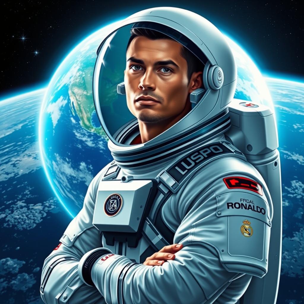 A futuristic depiction of Cristiano Ronaldo as a skilled astronaut, wearing a sleek and modern space suit with his name emblazoned on the side