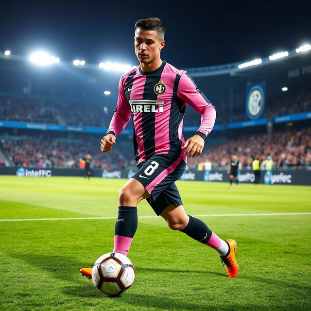 A dynamic portrayal of Cristiano Ronaldo as an Inter Miami FC player, wearing the team's distinctive pink and black jersey with his name and number on the back