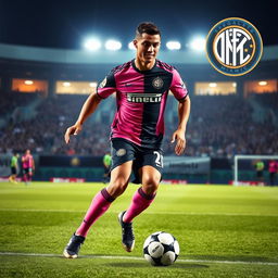 A dynamic portrayal of Cristiano Ronaldo as an Inter Miami FC player, wearing the team's distinctive pink and black jersey with his name and number on the back