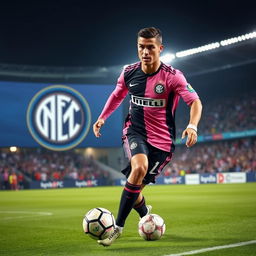 A dynamic portrayal of Cristiano Ronaldo as an Inter Miami FC player, wearing the team's distinctive pink and black jersey with his name and number on the back