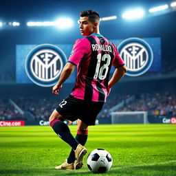 A dynamic portrayal of Cristiano Ronaldo as an Inter Miami FC player, wearing the team's distinctive pink and black jersey with his name and number on the back