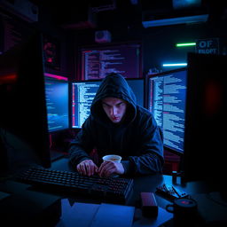 A professional hacker sitting intently in front of multiple screens, surrounded by a dimly lit room filled with high-tech gadgets and programming codes displayed on the monitors