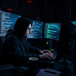 A professional hacker sitting intently in front of multiple screens, surrounded by a dimly lit room filled with high-tech gadgets and programming codes displayed on the monitors