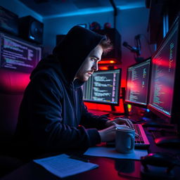 A professional hacker sitting intently in front of multiple screens, surrounded by a dimly lit room filled with high-tech gadgets and programming codes displayed on the monitors