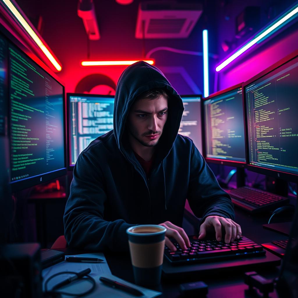 A professional hacker sitting intently in front of multiple screens, surrounded by a dimly lit room filled with high-tech gadgets and programming codes displayed on the monitors