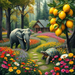 A vibrant forest filled with a variety of colorful flowers in full bloom, featuring a majestic elephant and a friendly turtle wandering together