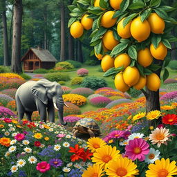 A vibrant forest filled with a variety of colorful flowers in full bloom, featuring a majestic elephant and a friendly turtle wandering together