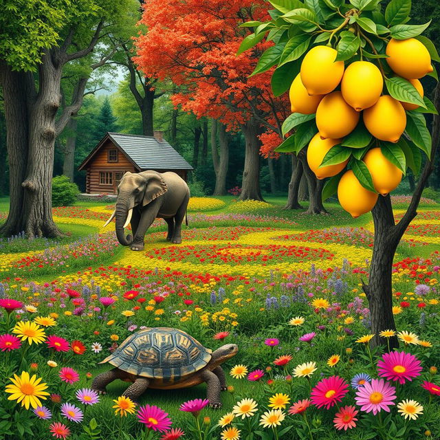 A vibrant forest filled with a variety of colorful flowers in full bloom, featuring a majestic elephant and a friendly turtle wandering together