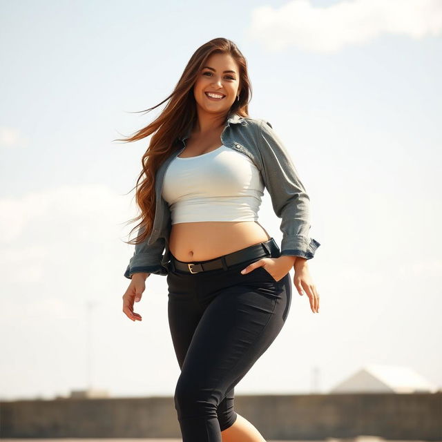 A confident woman with a curvy figure, standing playfully in a stylish outfit that accentuates her shape and showcases her personality