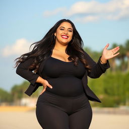 A confident woman with a curvy figure, standing playfully in a stylish outfit that accentuates her shape and showcases her personality