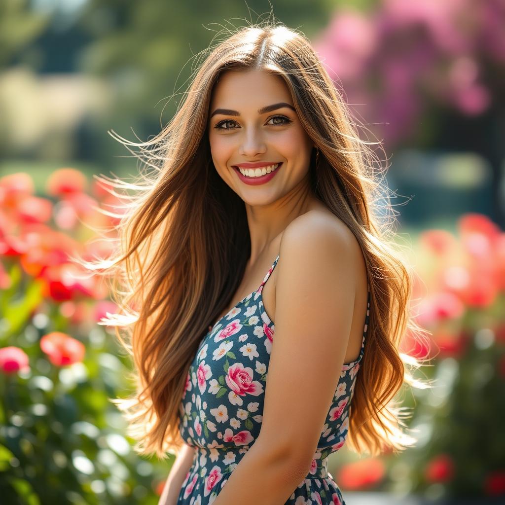 High-resolution portrait featuring an attractive adult woman with long flowing hair, wearing a stylish summer dress, posing confidently in a sunlit park with vibrant flowers in the background