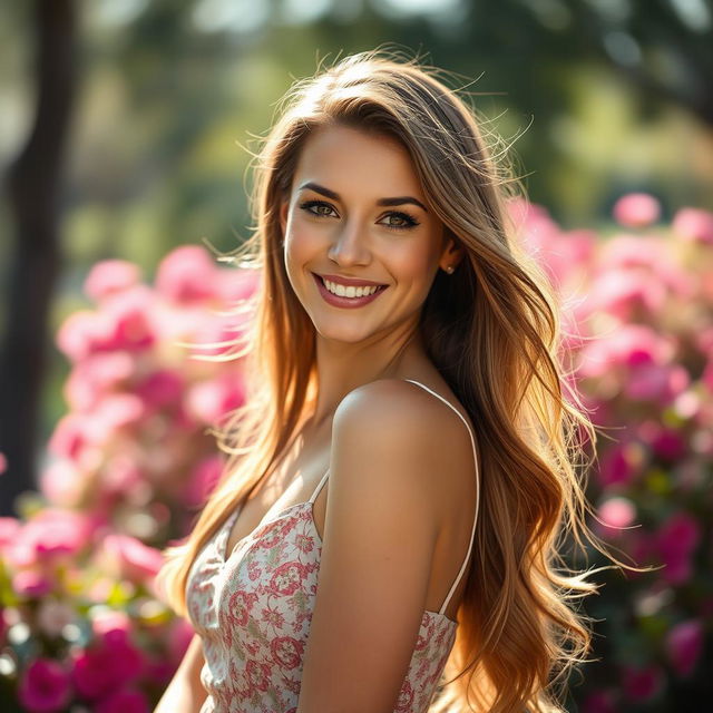 High-resolution portrait featuring an attractive adult woman with long flowing hair, wearing a stylish summer dress, posing confidently in a sunlit park with vibrant flowers in the background