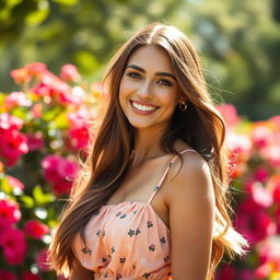High-resolution portrait featuring an attractive adult woman with long flowing hair, wearing a stylish summer dress, posing confidently in a sunlit park with vibrant flowers in the background