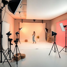 A professional photo studio setting featuring a spacious area with soft, diffused lighting