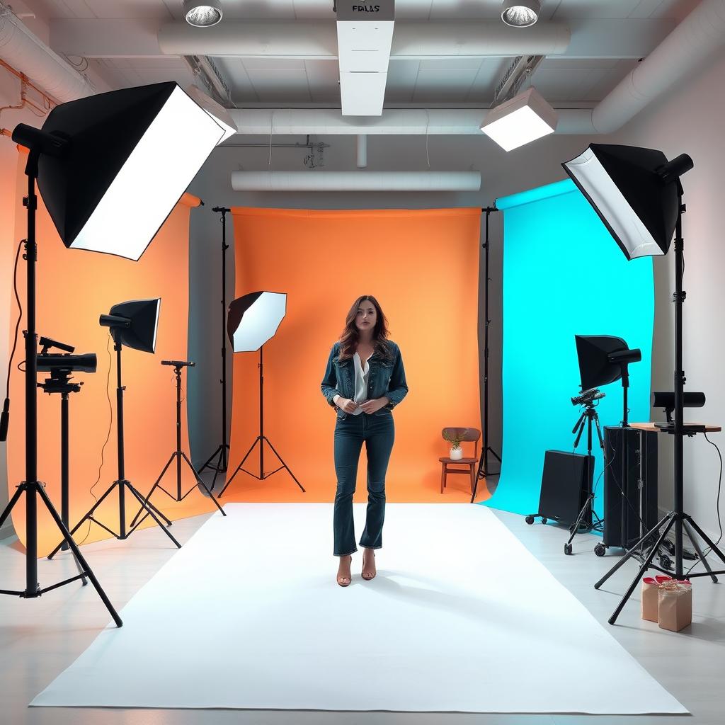 A professional photo studio setting featuring a spacious area with soft, diffused lighting