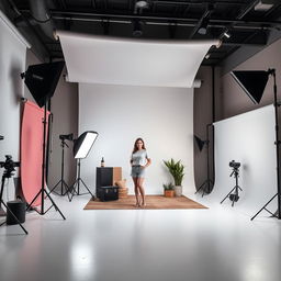 A professional photo studio setting featuring a spacious area with soft, diffused lighting