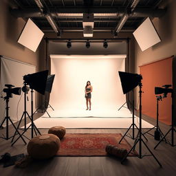 A professional photo studio setting featuring a spacious area with soft, diffused lighting