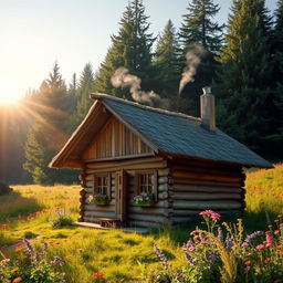 A charming wooden cabin set in a picturesque landscape, surrounded by tall green trees and colorful wildflowers