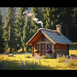 A charming wooden cabin set in a picturesque landscape, surrounded by tall green trees and colorful wildflowers