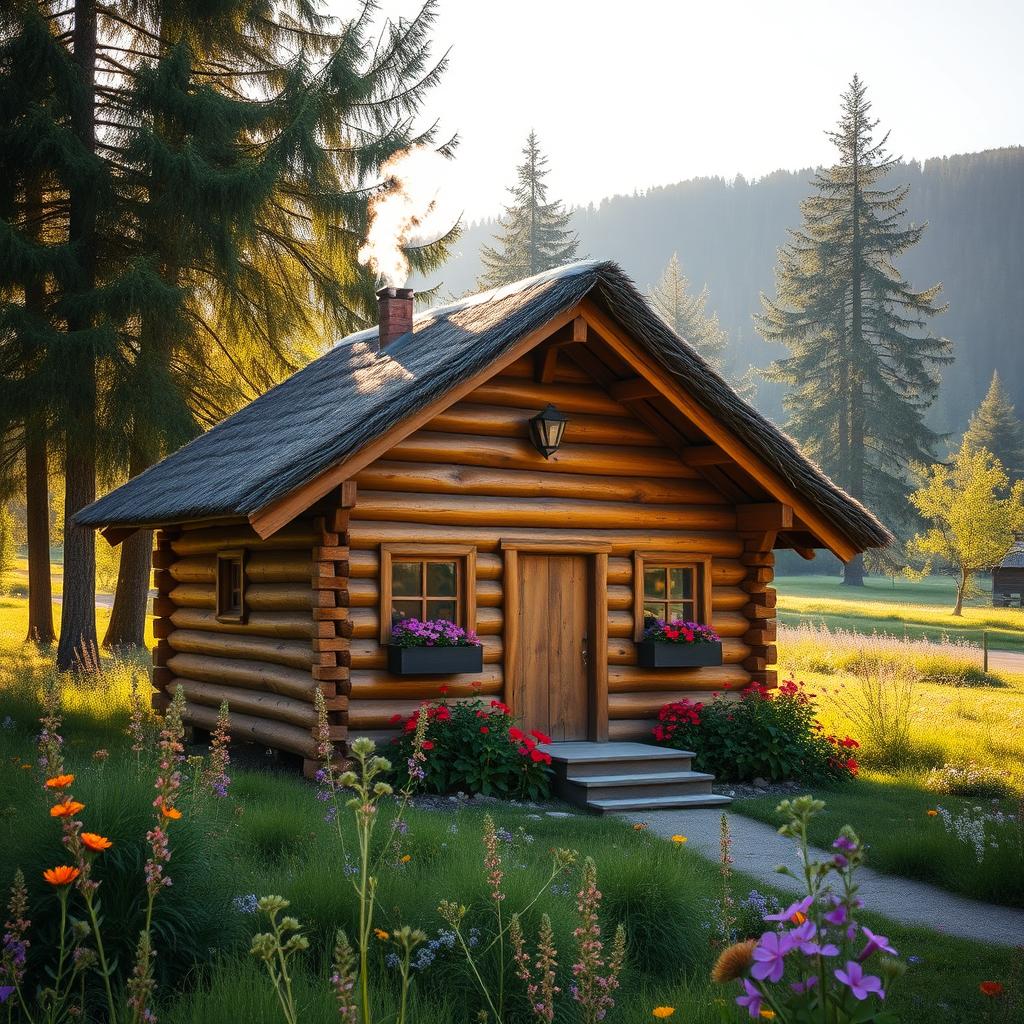 A charming wooden cabin set in a picturesque landscape, surrounded by tall green trees and colorful wildflowers