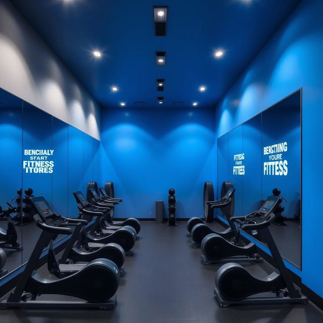 An interior design of a modern gym studio featuring a color palette of royal blue, gray, and black
