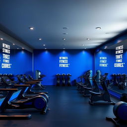 An interior design of a modern gym studio featuring a color palette of royal blue, gray, and black