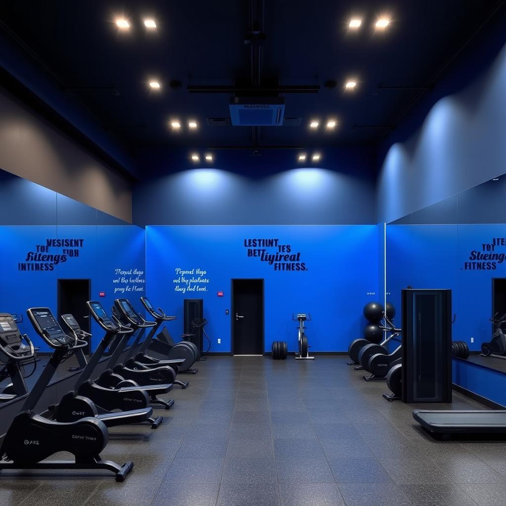 An interior design of a modern gym studio featuring a color palette of royal blue, gray, and black