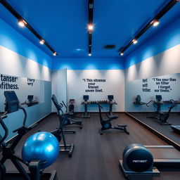 An interior design of a modern gym studio featuring a color palette of royal blue, gray, and black
